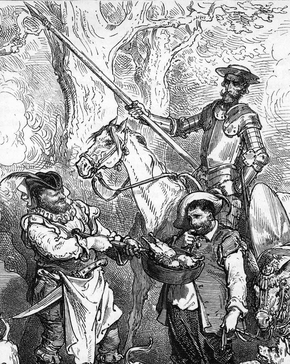 Don Quichot, gooit met de hand en rijdt op zijn paard Rossinant klaar om op avontuur te gaan. Zijn trouwe schildknaap, de fijnproever Sancho Panza, aarzelt voor een goed vleesgerecht. (detail) door Gustave Dore