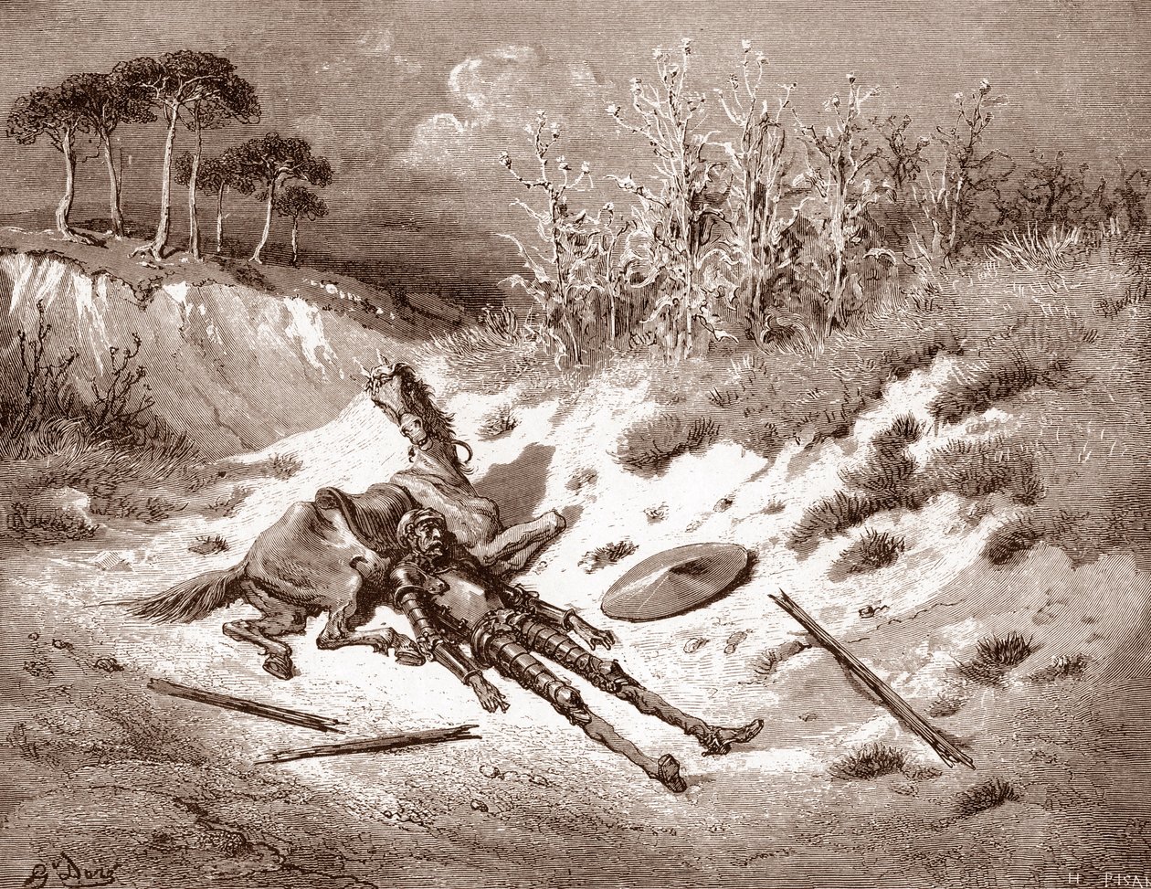 Don Quichot na zijn afranseling, Quichot roept om zijn ideale dame Dulcinea del Toboso. Gravure door Gustave Doré voor 