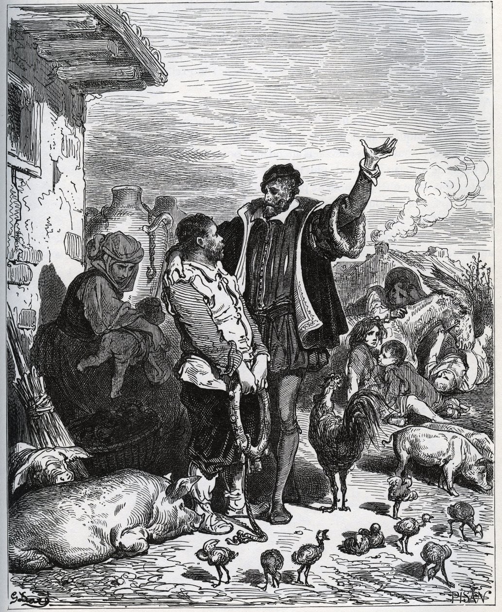 Don Quichot overtuigt zijn buurman Sancho Panza om zijn schildknaap te zijn - uit "Don Quichot van La Mancha" van Miguel Cervantes door Gustave Dore