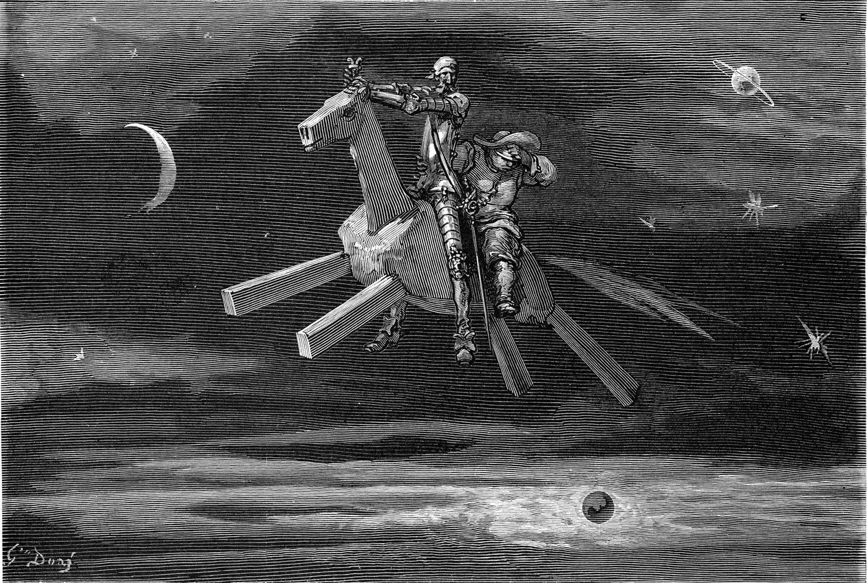 Don Quichot en Sancho Panza in de lucht, tussen de maan en de sterren, rijdend op het houten paard Clavilegne. Gravure door Gustave Doré ter illustratie van de 1869 Hachette editie van het boek "De vernuftige edelman Don Quichot van La Mancha" door Gustave Dore