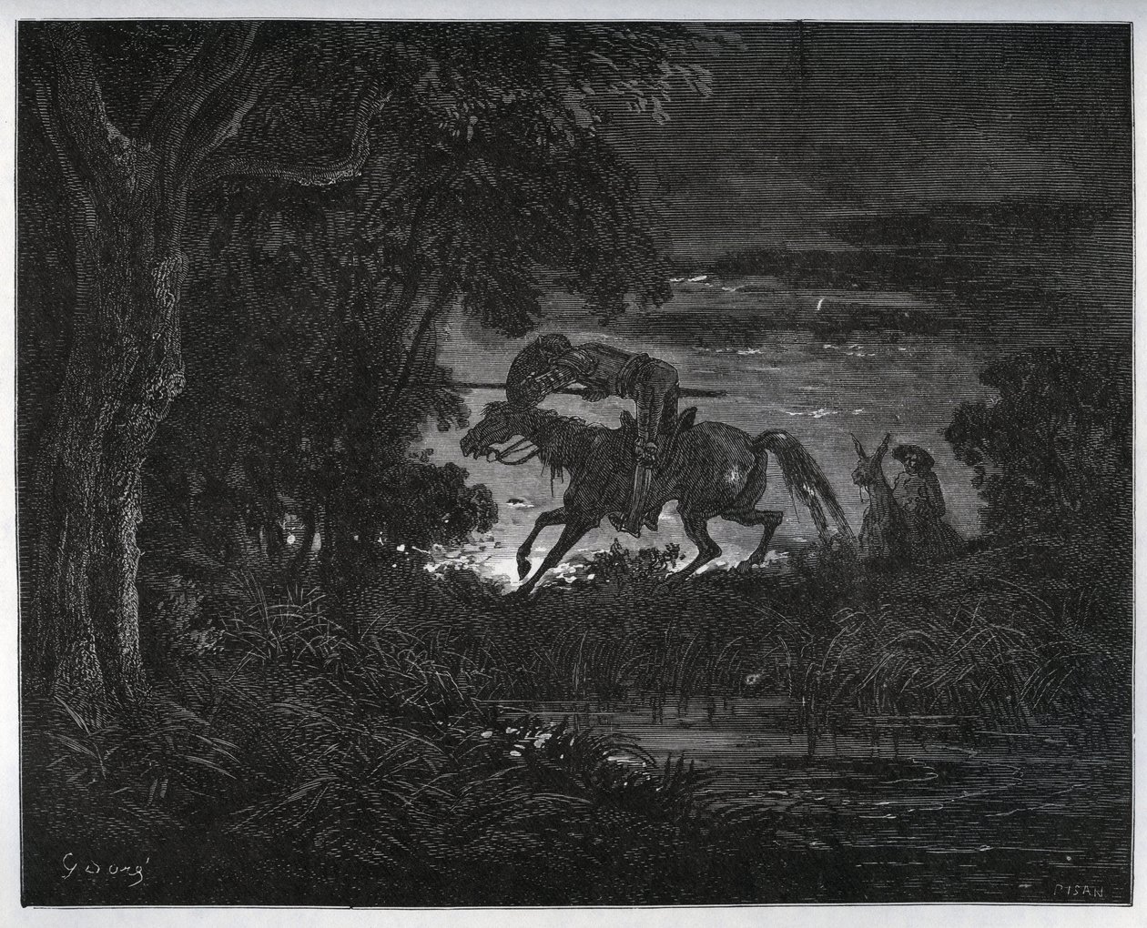 Don Quichot en Sancho Panza aan het begin van het avontuur in een dicht en onbekend bos - uit "Don Quichot de la Mancha" door Miguel Cervantes (1547-1616) - Houtsnede naar tekening van Gustave Dore door Gustave Dore