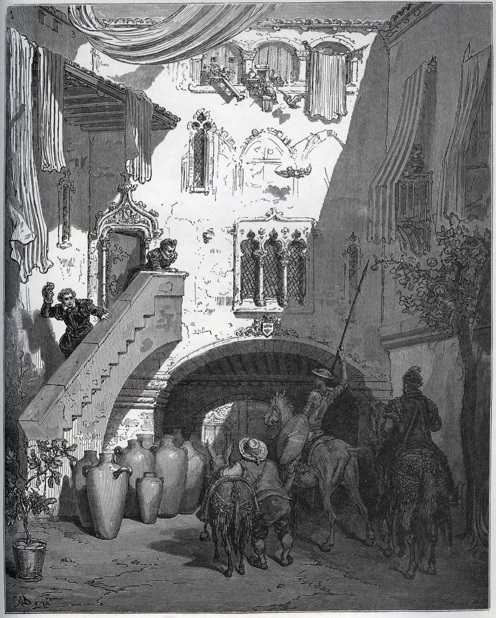 Don Quichot en Sancho Panza, uitgenodigd door Don Diego de Miranda thuis, worden verwelkomd door de vrouw en zoon van de heer - uit "Don Quichot de la Mancha" door Miguel Cervantes (1547-1616) - Houtsnede naar tekening van Gustave Dore door Gustave Dore