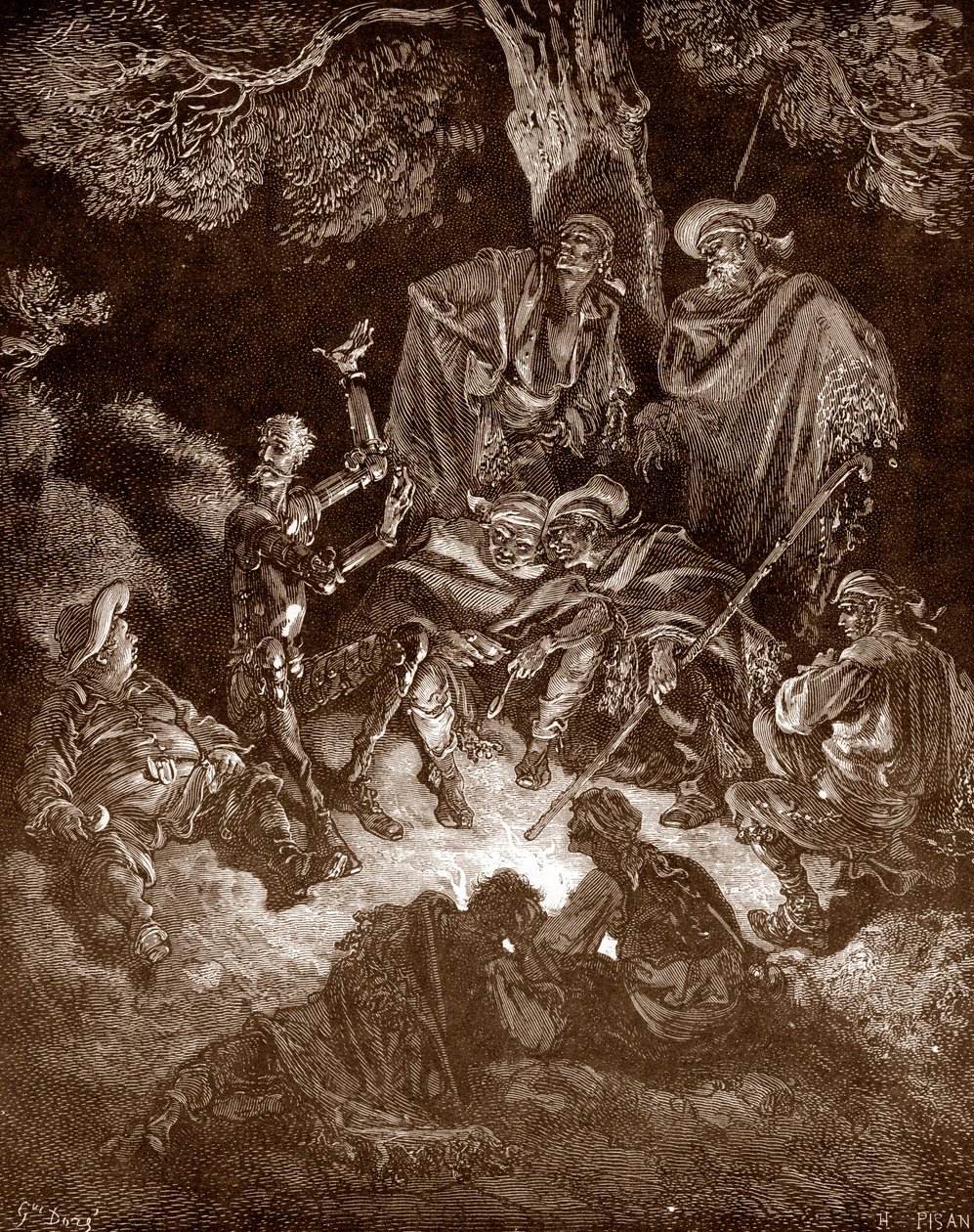 Don Quichot en Sancho Panza met de geitenhoeders (gravure door Gustave Doré voor 
