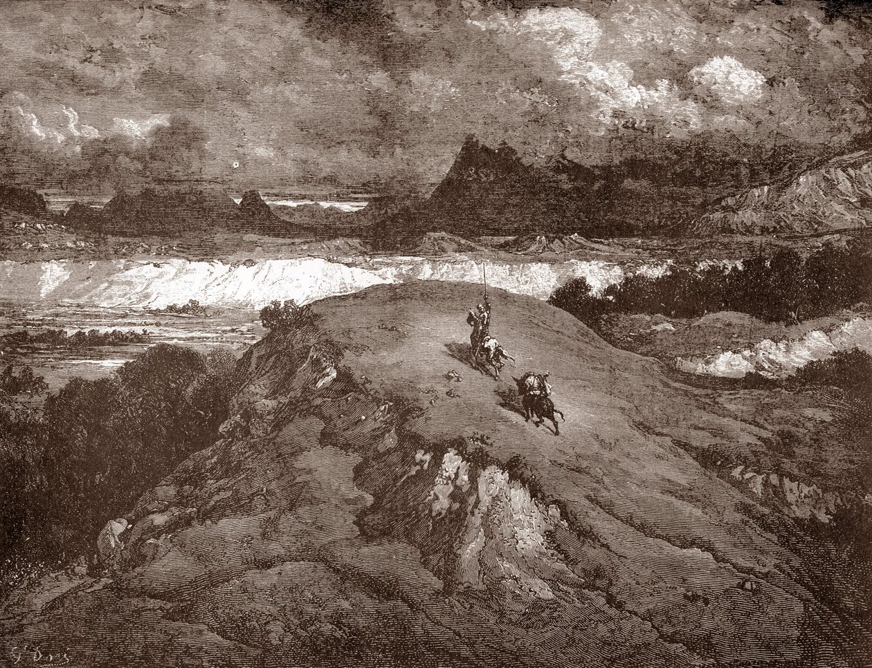 Don Quichot en Sancho Panza naderen de Sierra Morena. Gravure door Gustave Doré voor 