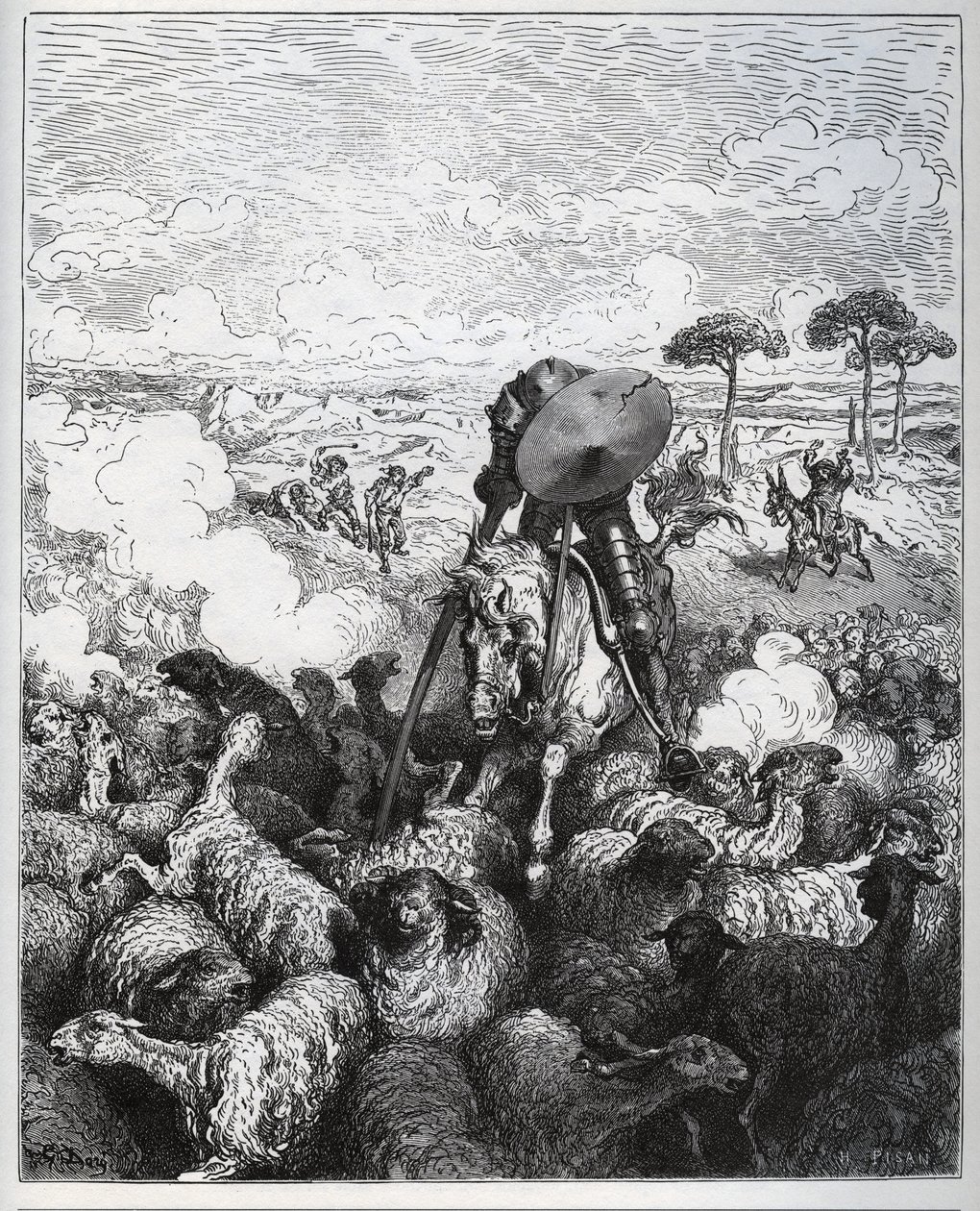 Don Quichot valt een kudde schapen aan, denkend dat hij te maken heeft met het leger van Alibanfaron van Taprobana - uit 