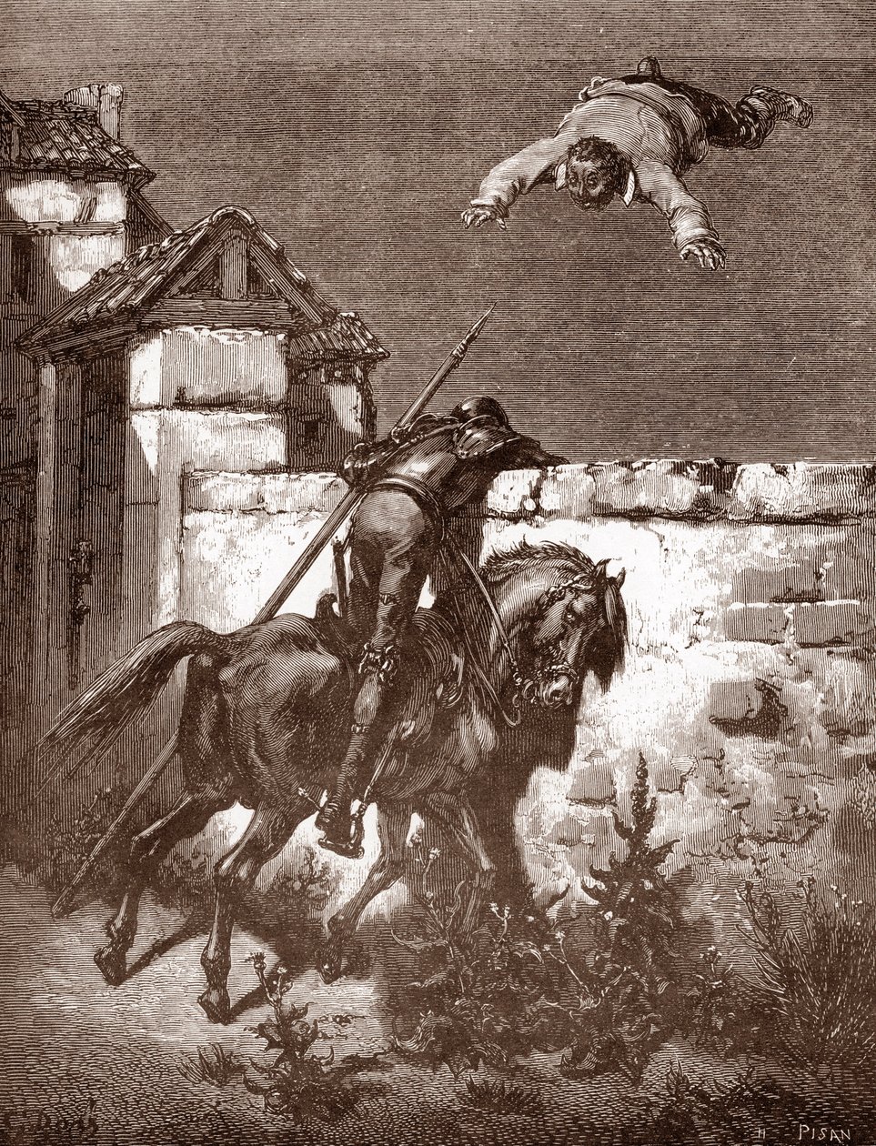 Don Quichot faalt om de lanceringen van Sancho Panza te stoppen die hem op een deken laten stuiteren (gravure door Gustave Doré voor 