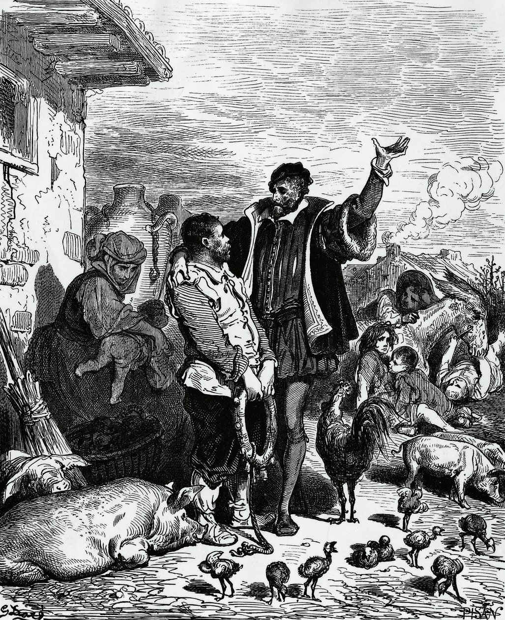 Don Quichot neemt Sancho Panza mee van zijn huis en benoemt hem tot gouverneur, illustratie door Gustave Doré (1832-1883) voor de editie van 1880 van Don Quichot door Miguel de Cervantes Saavedra (1547-1616) door Gustave Dore