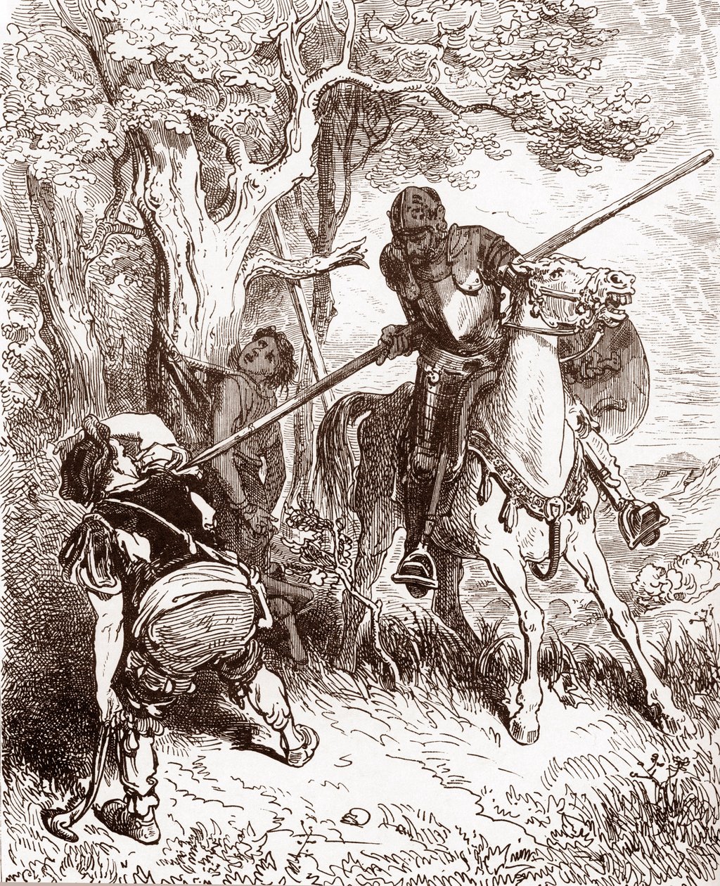 Don Quichot bedreigt de boer die de herdersjongen sloeg (Gravure door Gustave Doré voor 