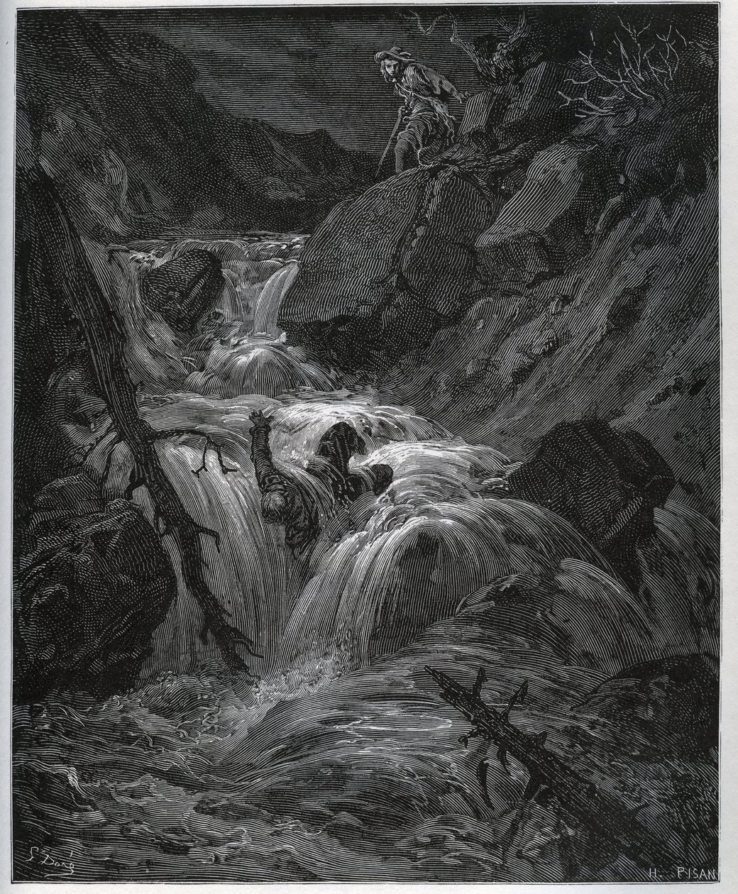 Dorothee, verkleed als een jonge boer, ontketent zijn wellustige knecht - uit "Don Quichot van La Mancha" van Miguel Cervantes door Gustave Dore