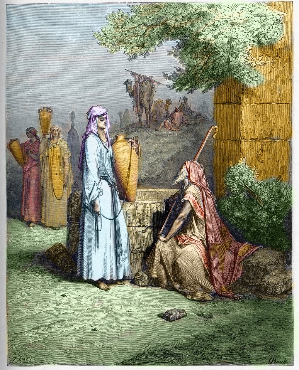 Eliezer en Rebekka - Eliezer, de dienaar van Abraham, krijgt een beker water aangeboden door Rebekka - Eliezer en Rebekka - gravure in 
