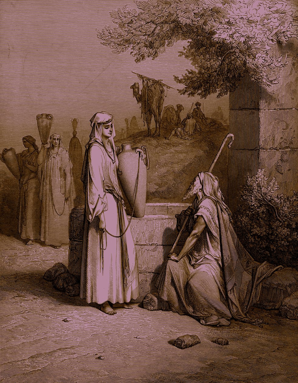 Eliezer en Rebekah / Rebecca, gravure door Doré - Bijbel door Gustave Dore