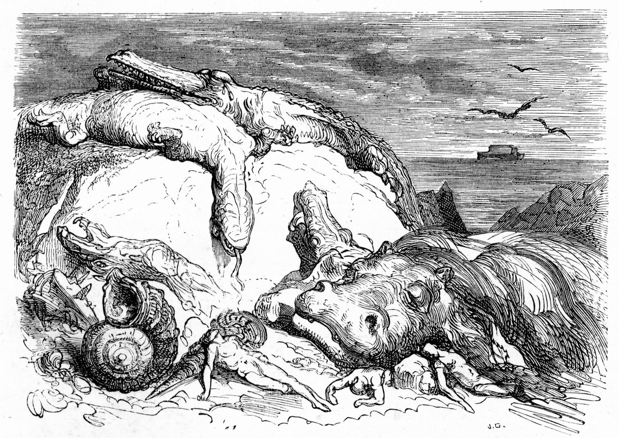 Gravure door Gustave Doré rond 1850: evocatie van een apocalyptische zondvloed die bijbelse traditie combineert (men kan in de verte de ark van Noach op zee zien) en het begin van wetenschappelijke kennis (verschillende monsterlijke dieren gestrand op de b door Gustave Dore