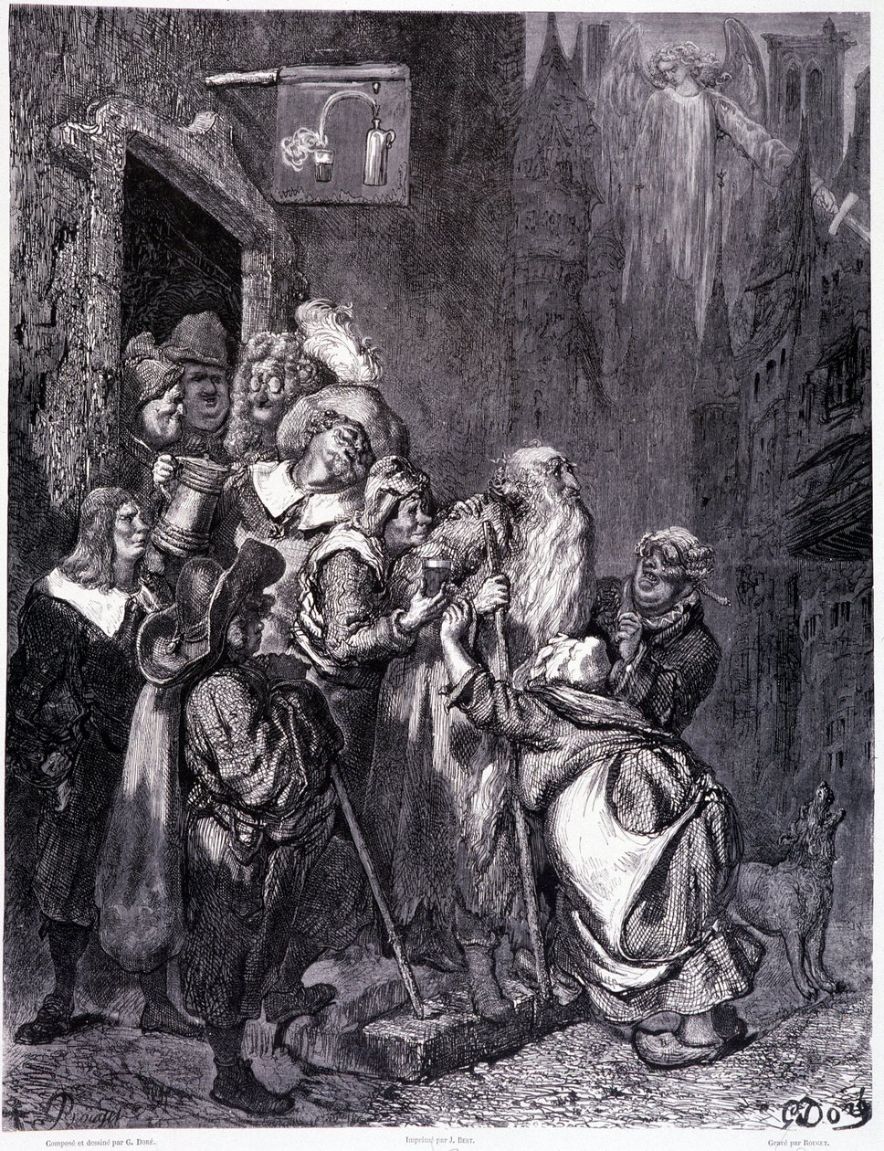 Betreed deze herberg, plaat IV - Illustratie door Gustave Doré, voor La légende du Juif errant door Pierre Dupont, editie Librairie du magasin pittoresque, Parijs 1862 door Gustave Dore