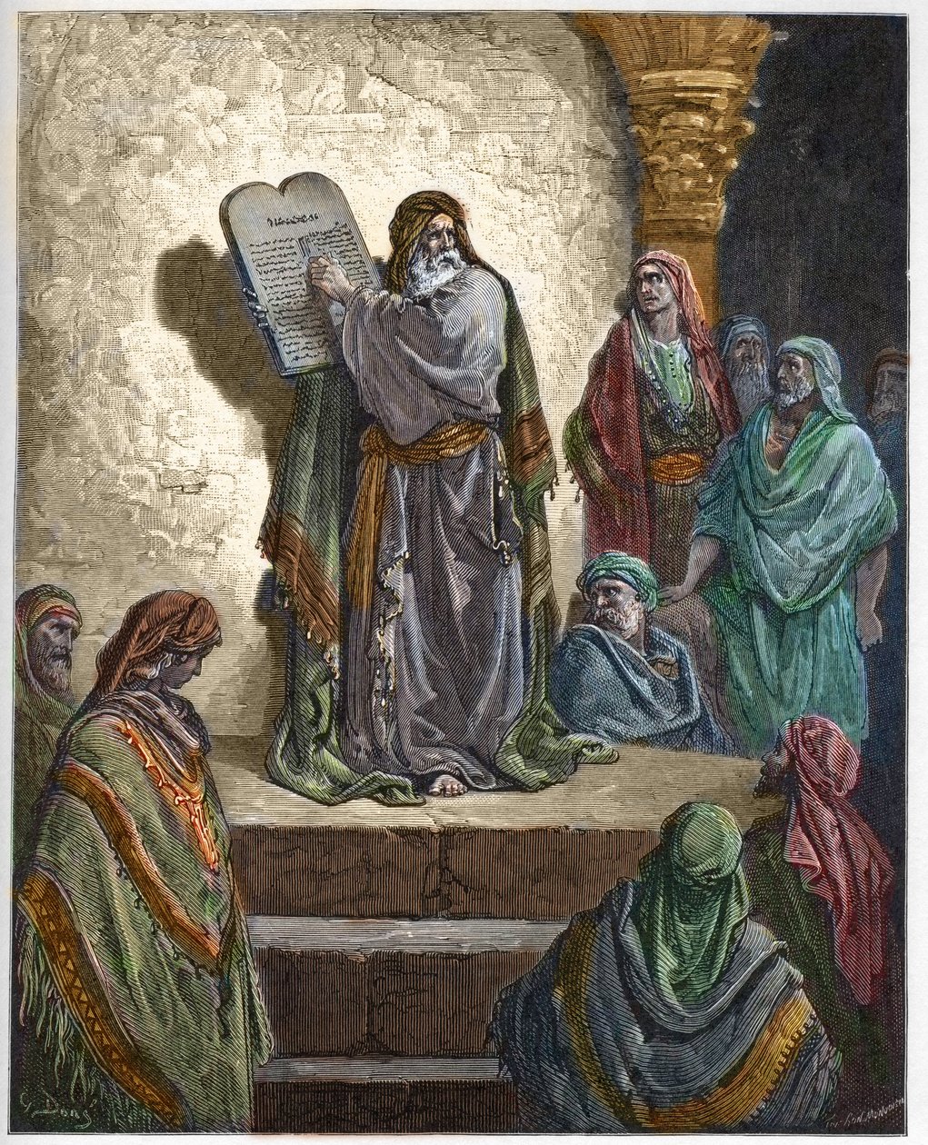 Ezra de Schriftgeleerde leest de Wet voor aan het volk - gravure in 