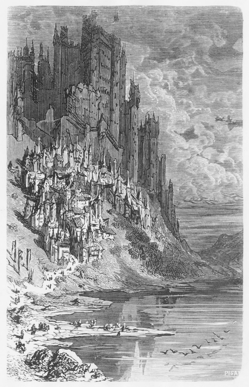 Fantasielandschap met stad en kasteel, illustratie uit 