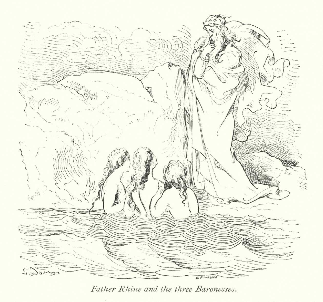 Vader Rijn en de drie barones (gravure) door Gustave Dore