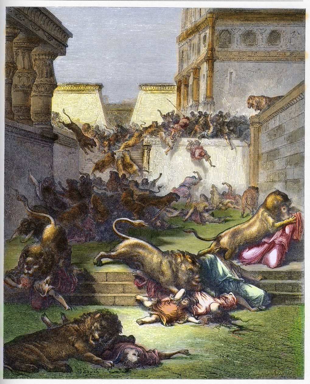 Vreemdelingen verslonden door leeuwen in Samaria - Oude Testament. Mensen verslonden door leeuwen in Samaria - gravure in 