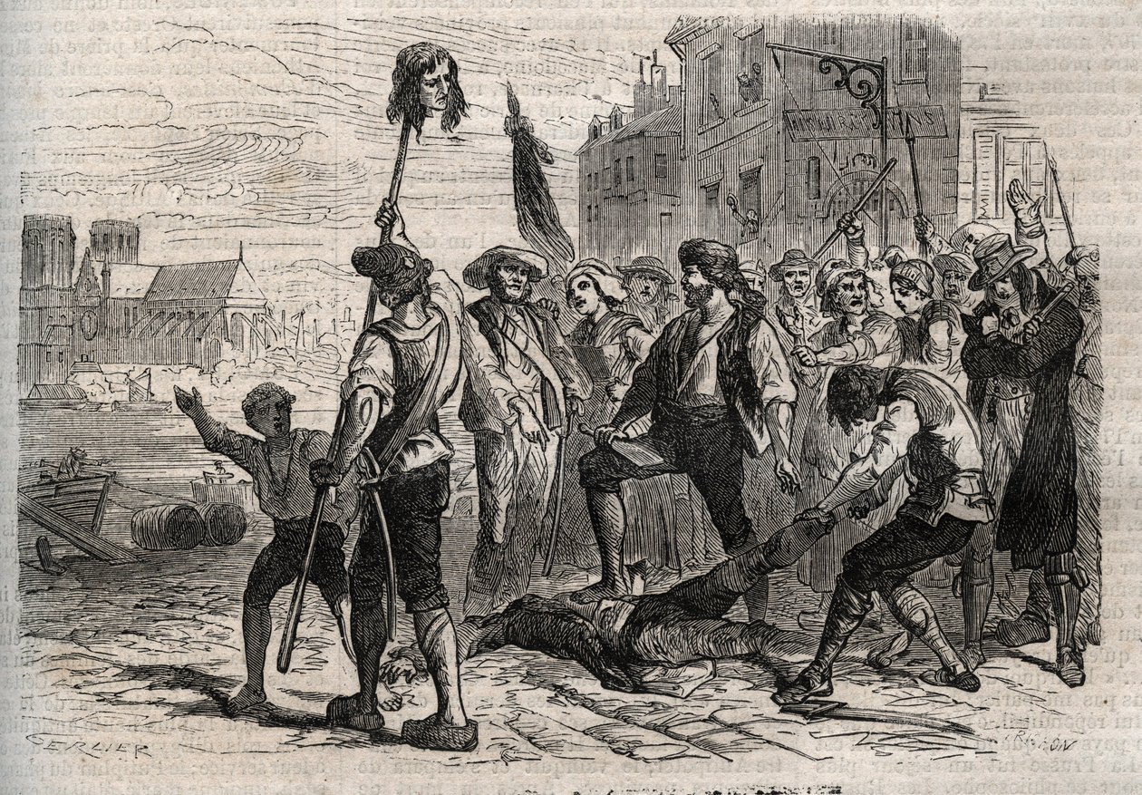 Franse Revolutie: De dood van Jacques de Flesselles, graaf van Brégy (1730-1789), Franse bestuurder, prévôt des marchands op de trappen van het stadhuis in Parijs op 14 juli 1789 - De dood van Jacques de Flesselles, provoost van de kooplieden van Parijs door Gustave Dore