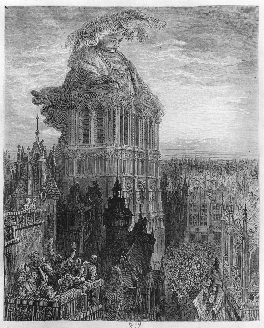Gargantua op de torens van de Notre-Dame in Parijs, illustratie uit 