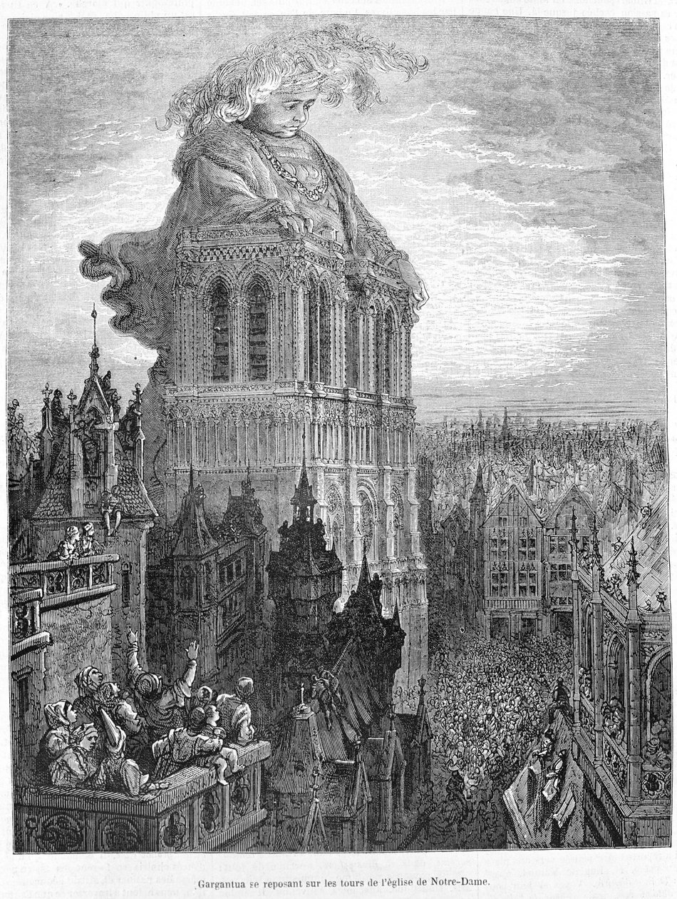 Gargantua rustend op de torens van de Onze-Lieve-Vrouwekerk. Gravure naar het werk Gargantua door François Rabelais (1483 - 1553) door Gustave Dore