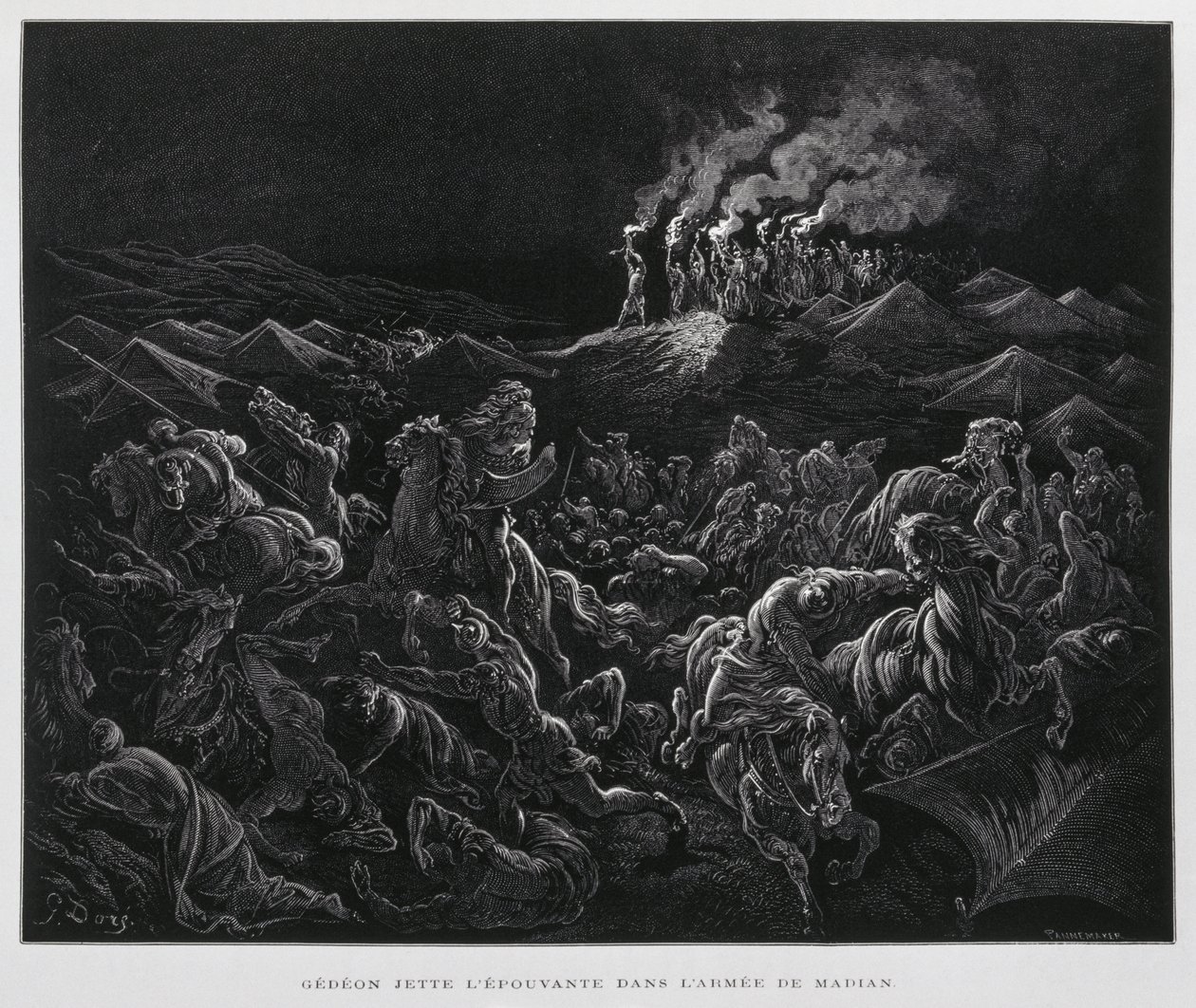 Gideon valt de Midianieten aan in de nacht, Illustratie uit de Dore Bijbel door Gustave Dore