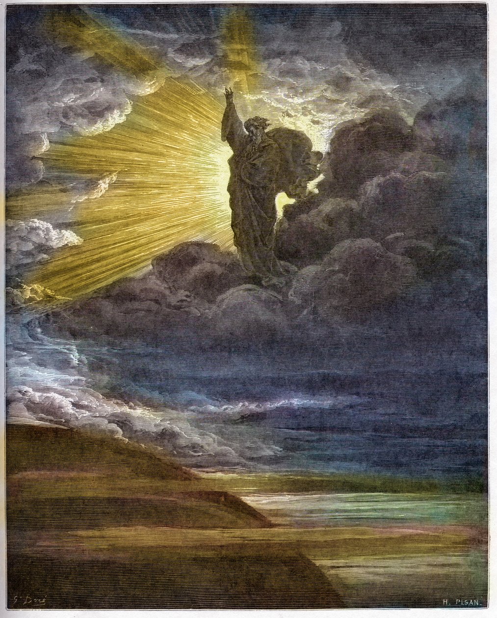 God creëert licht - De schepping van het licht - Oude Testament (Genesis) - Schepping van het licht - gravure in 