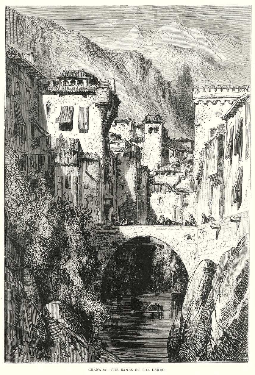 Granada - De oevers van de Darro (gravure) door Gustave Dore