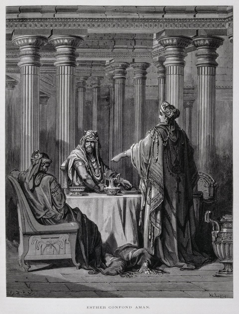 Haman aangeklaagd door koningin Esther, Illustratie uit de Dore Bijbel door Gustave Dore