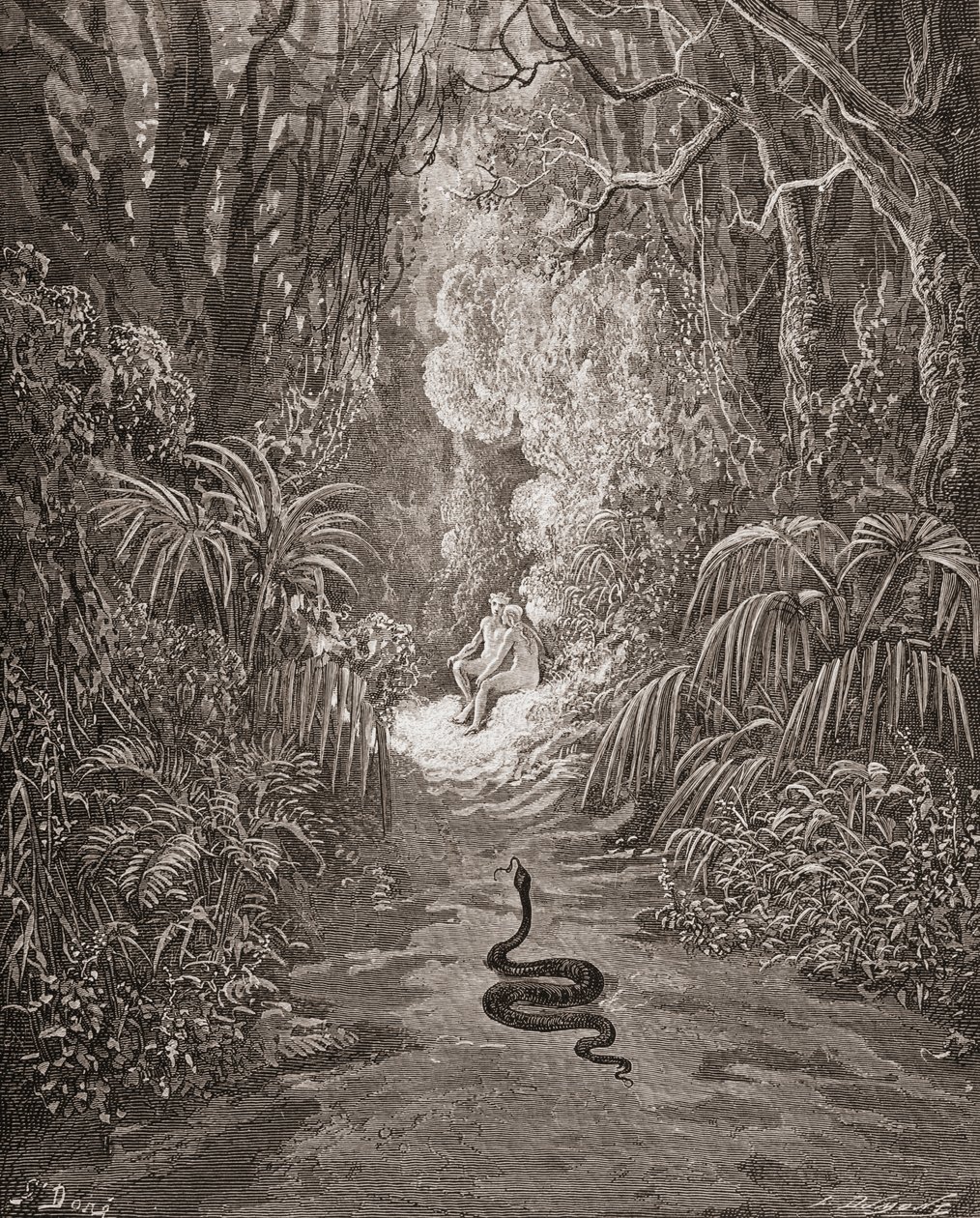 Illustratie door Gustave Dore 1832-1883 Franse kunstenaar en illustrator voor Paradise Lost door John Milton Boek IX regels 434 en 435 door Gustave Dore