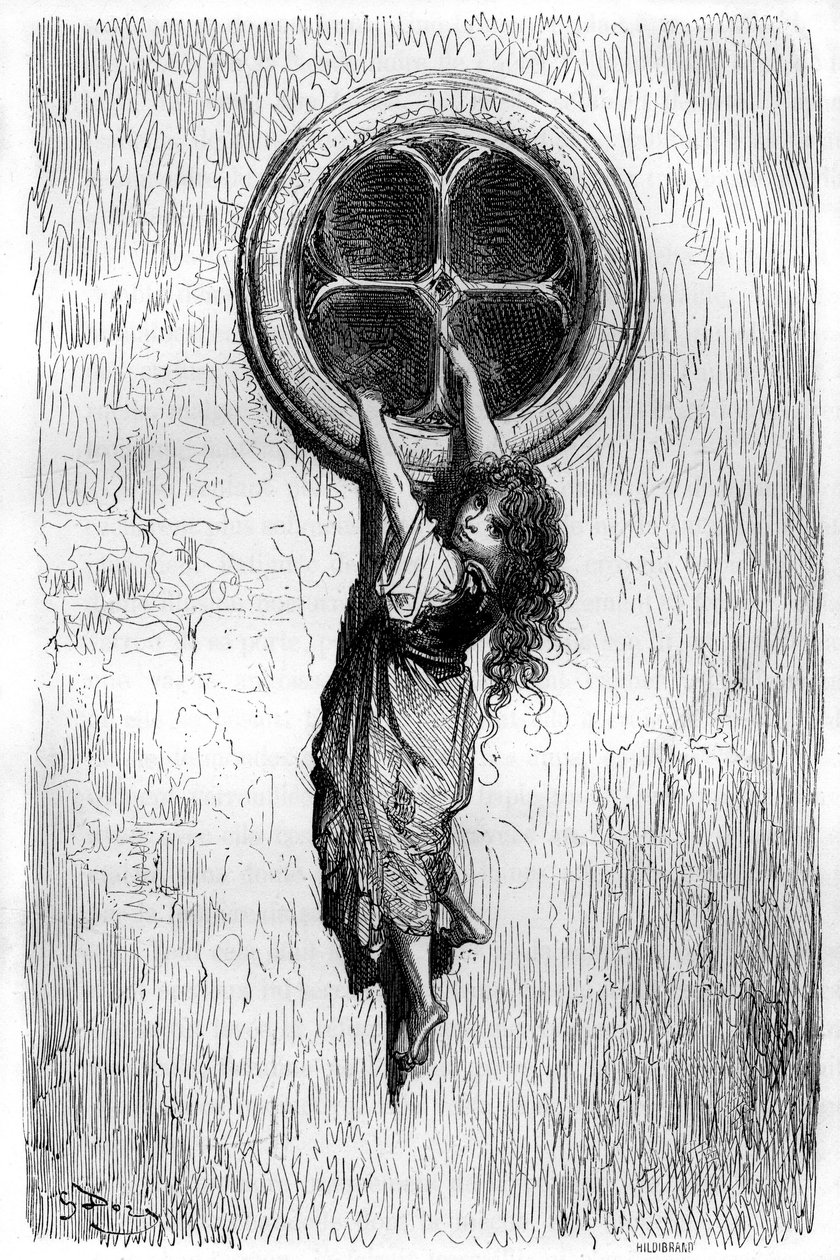 Illustratie door Gustave Dore voor de roman “Le Capitaine Fracasse” door Theophile Gautier (1811-1872). Behendig als een kat en dun als een slang, gaat de jonge Chiquita door een raam om zich bij de gevangen Isabelle te voegen. door Gustave Dore