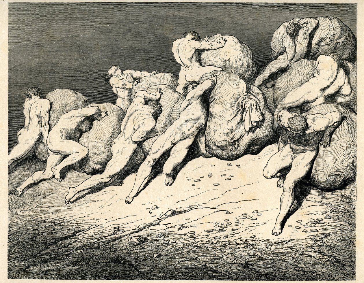 In de vierde cirkel van de Hel, waar Pluto (Hades) heerst, dragen en rollen de Gierigen en de Verkwisters zware lasten (stenen), botsend van woede. Gravure uit De Hel door Dante Alighieri (de Goddelijke Komedie) geïllustreerd door Gustave Doré. Franse e door Gustave Dore
