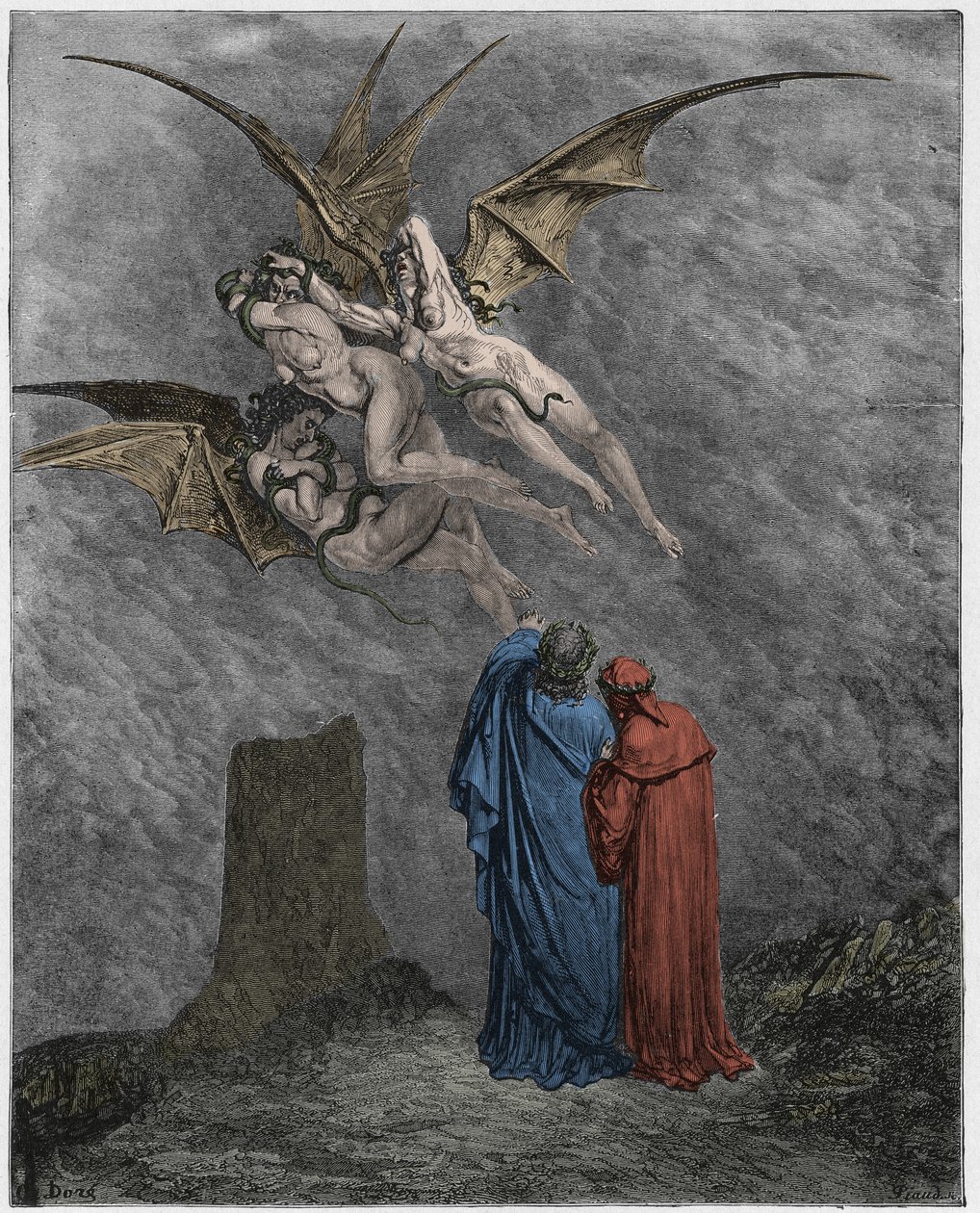 Inferno, Canto 9: De afschuwelijke Erinyes: Megaera, Tisiphone, Alecto door Gustave Dore