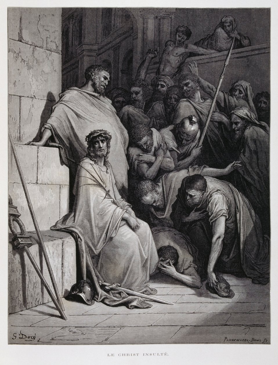 Beledigingen voor Christus tijdens zijn proces, Illustratie uit de Dore Bijbel door Gustave Dore