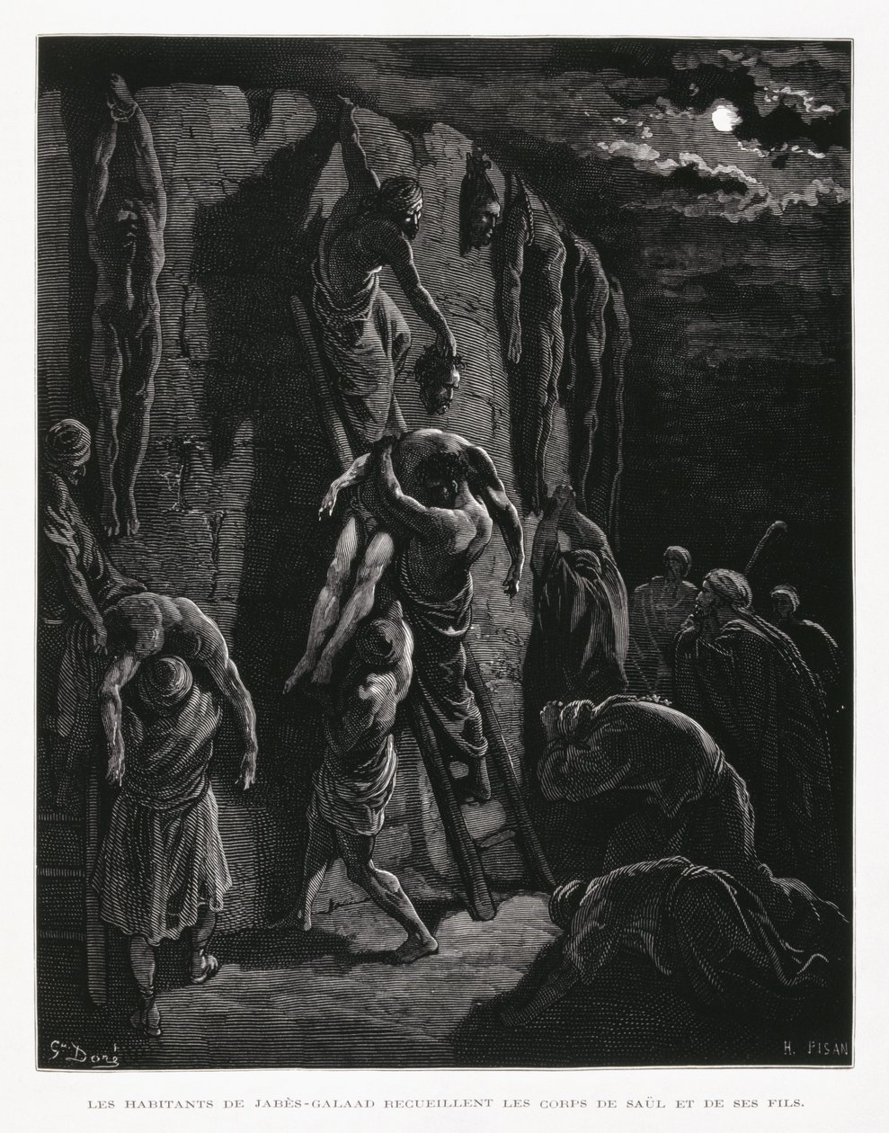 Jabesh-Gileadieten halen de lichamen van Saul en zijn zonen terug, Illustratie uit de Dore Bijbel door Gustave Dore