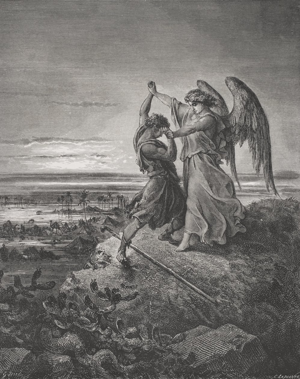 Jakob worstelt met de engel, Genesis 32:24-32, illustratie uit Dore