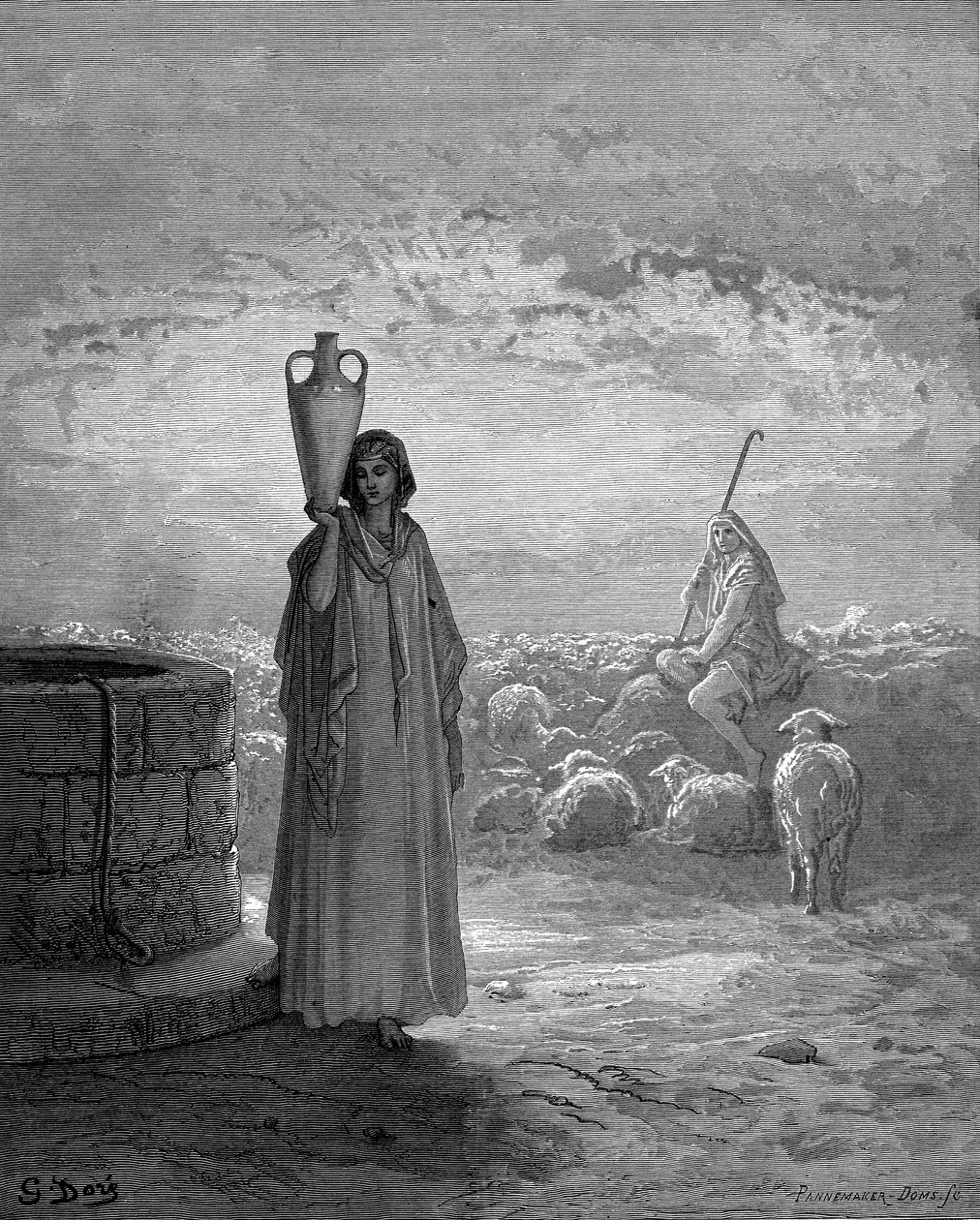 Jacob, die de kudden van Laban hoedt, ziet Rachel bij de bron, 1866 door Gustave Dore