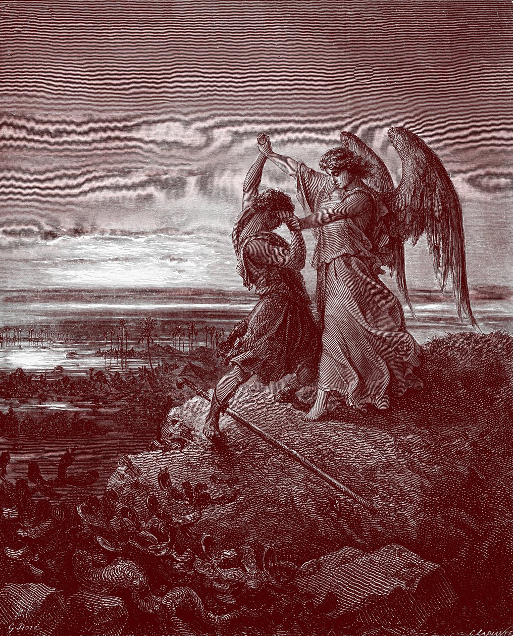 Jakob worstelt met de engel, door Doré - Bijbel door Gustave Dore