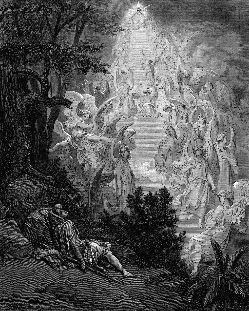 Jakobs droom van een trap naar de hemel met God aan de top, 1865-1866 door Gustave Dore