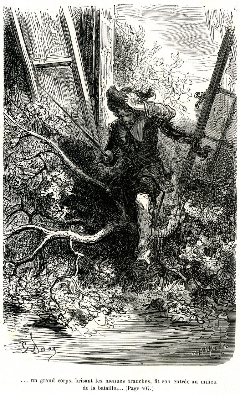 Jacquemin Lampourde, het pistool in zijn hand, kwam op een punt in de strijd. Gravure door Gustave Doré ter illustratie van de picareske roman van Théophile Gautier 