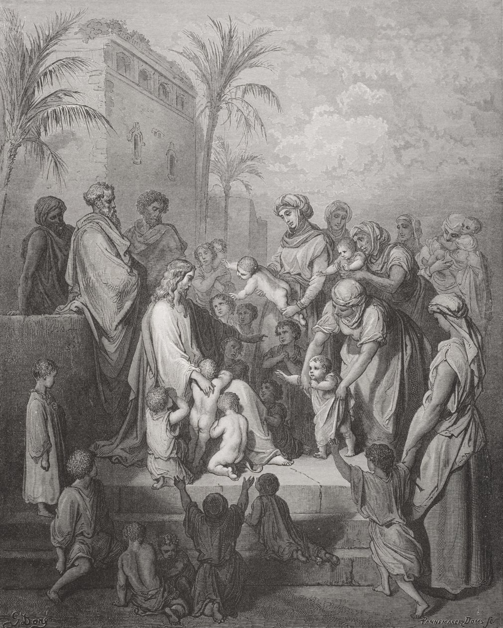 Jezus zegent de kinderen, illustratie uit Dore