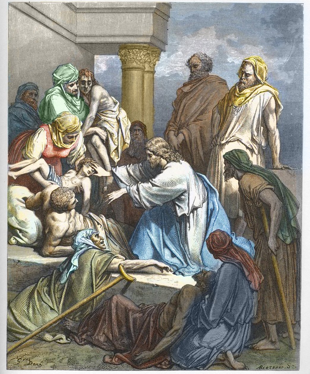 Jezus geneest de zieken - gravure in "The Bible illustree" door Gustave Dore (1832-1883) - Gravure uit "The Dore Bible" door Gustave Dore
