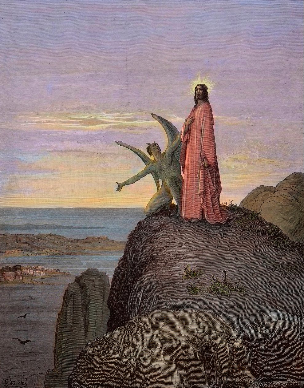 Jezus in de woestijn, onderworpen aan de verleiding van de duivel - De verleiding van Christus - Satan verleidde Jezus - gravure door Gustave Dore - latere inkleuring door Gustave Dore