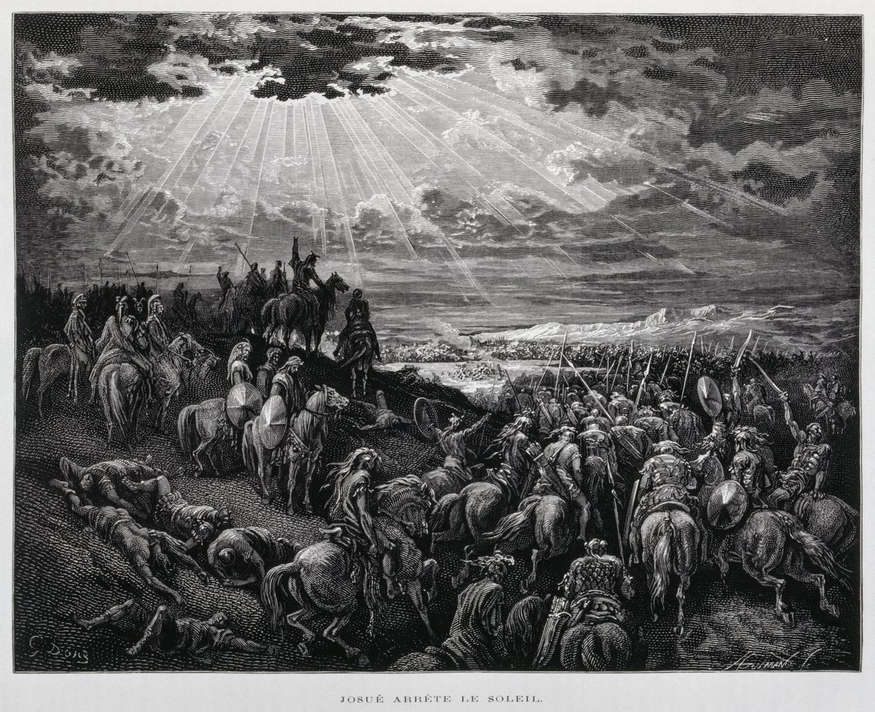 Jozua laat de zon stilstaan, Illustratie uit de Dore Bijbel door Gustave Dore