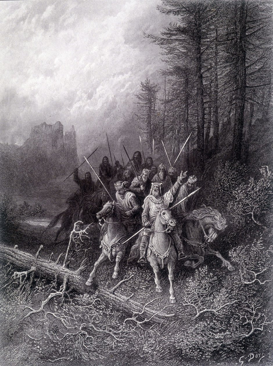 Koning Arthur in het Broceliande-woud (Cyclus van de Ridders van de Ronde Tafel) - in "Viviane" door Alfred Tennyson, illustratie door G. Doré door Gustave Dore