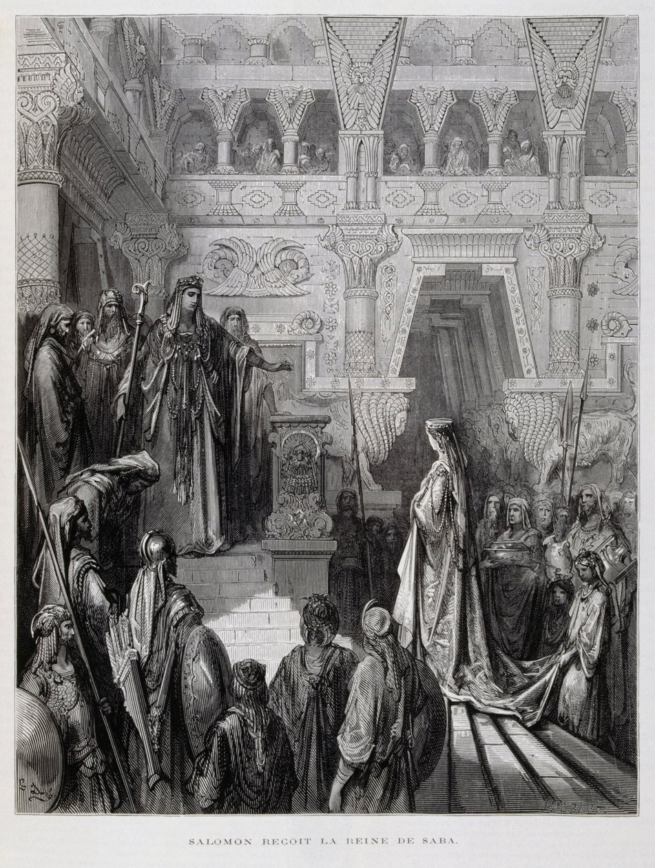 Koning Salomo ontvangt de koningin van Sheba, Illustratie uit de Dore Bijbel door Gustave Dore