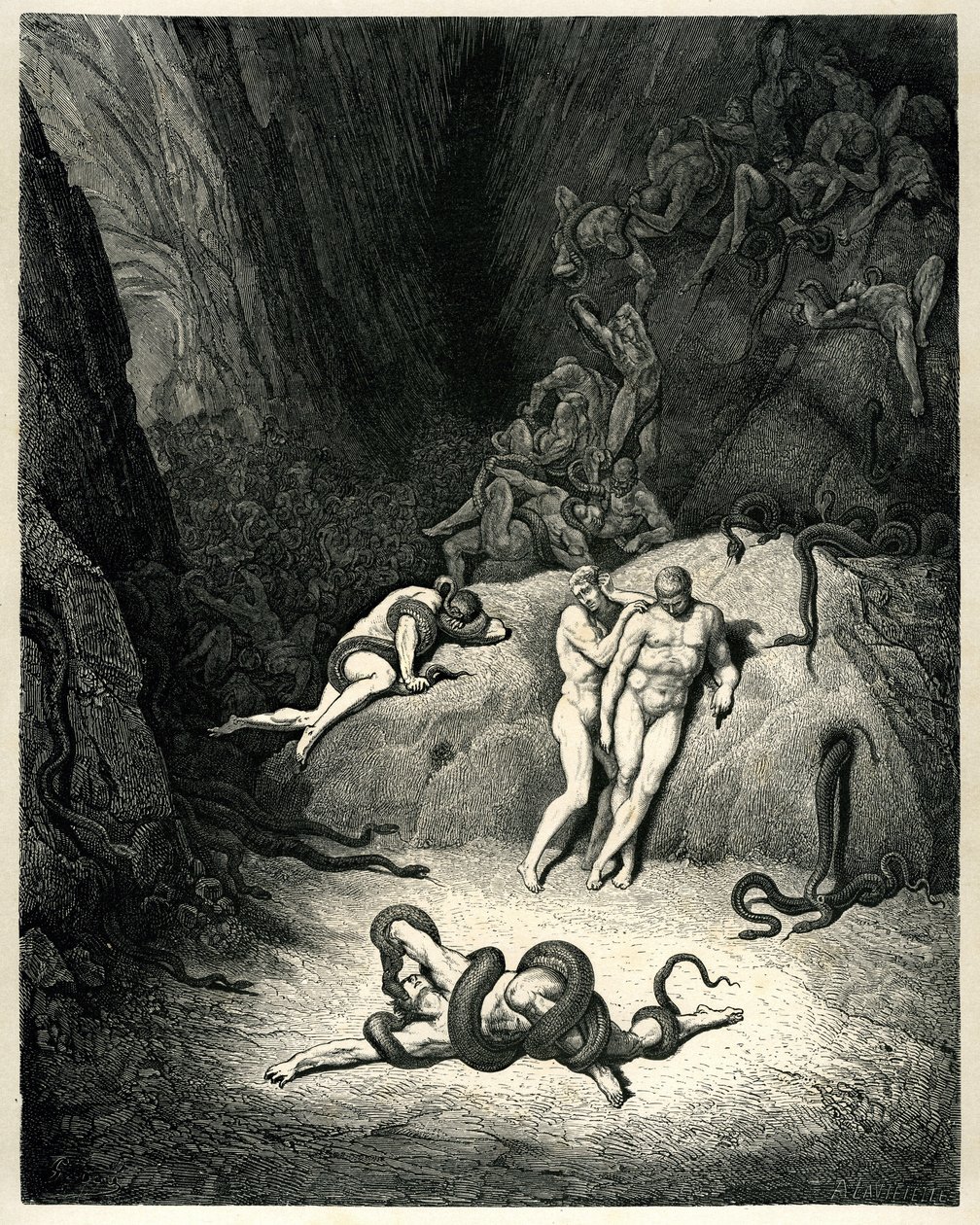 De Hel (La divina commedia) door Dante Alighieri geïllustreerd door Gustave Dore. Editie Hachette 1861. Franse vertaling door Pier-Angelo Fiorentino door Gustave Dore