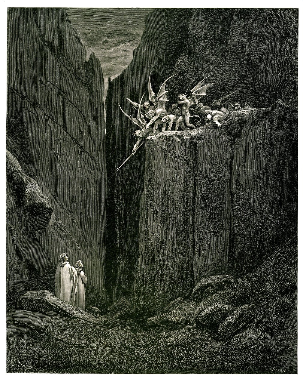 De hel (La divina commedia) door Dante Alighieri geïllustreerd door Gustave Doré. Franse vertaling door Pier-Angelo Fiorentino. Dante en Virgilius tegenover de demonen door Gustave Dore