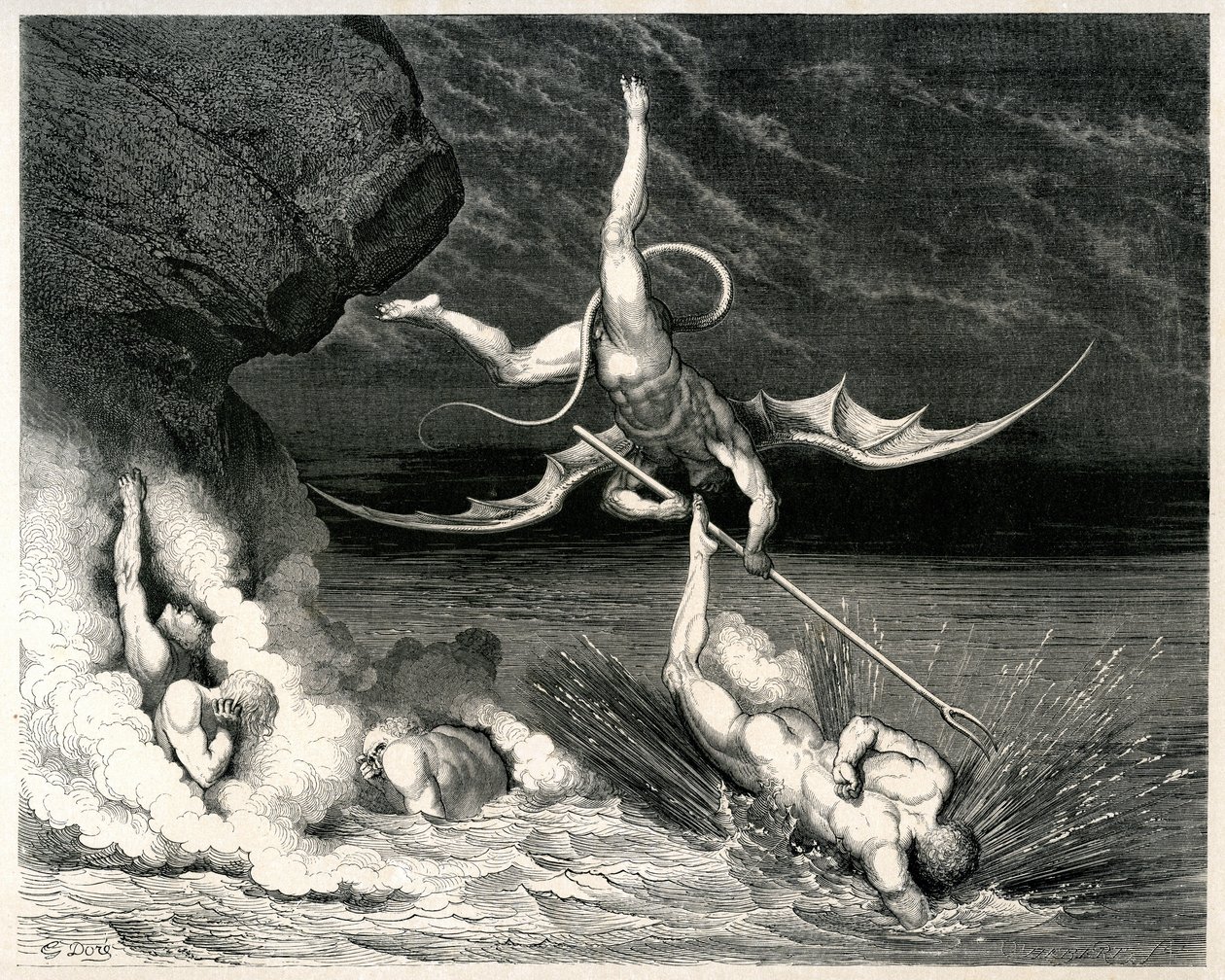 De Hel (La divina commedia) door Dante Alighieri geïllustreerd door Gustave Dore. Editie Hachette 1861 - Demon - Franse vertaling door Pier-Angelo Fiorentino.... Si mosse, e grido: Tu se 