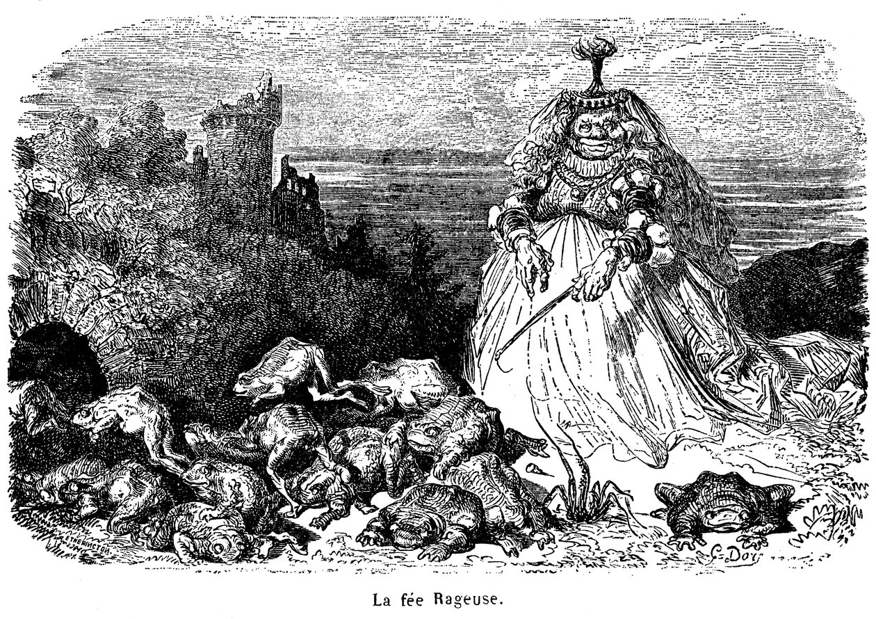 La fée Rageuse en zijn kudde padden: gravure door Gustave Doré ter illustratie van het sprookje Pooh, door de Gravin van Segur, uit de Nieuwe Sprookjes, Hachette 1896 door Gustave Dore