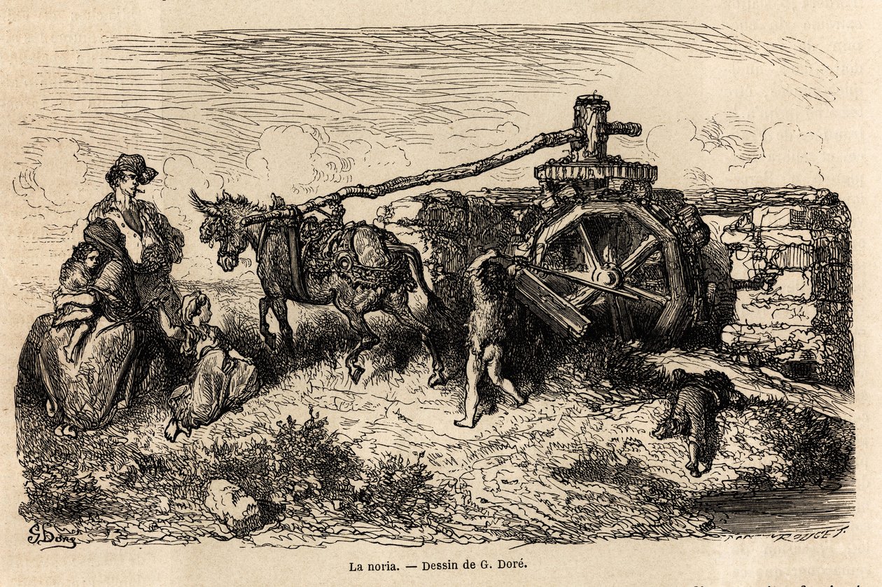 La noria, een hydraulische machine voor het verhogen van waterstanden met behulp van de energie geproduceerd door de stroom, tekening door Gustave Dore (1832-1883), ter illustratie van zijn reis naar Spanje, met C. Davillier, in 1862. Gravure in 